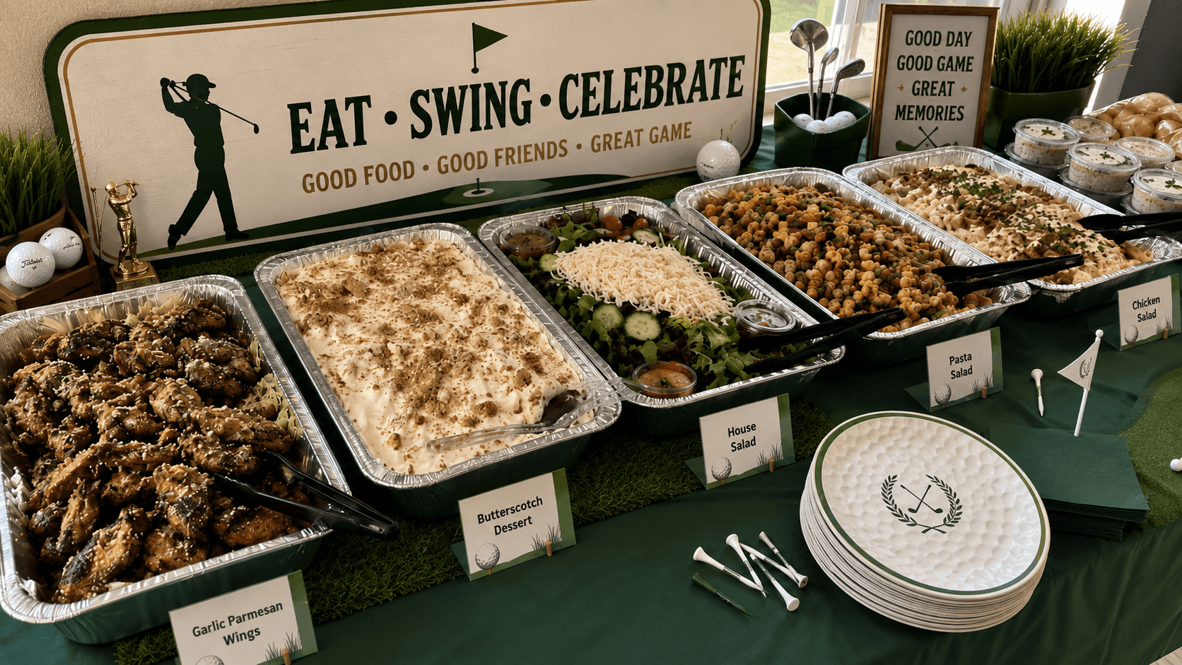 Catering spread at a golf course with garlic parmesan wings, butterscotch dessert, salads, and pasta
